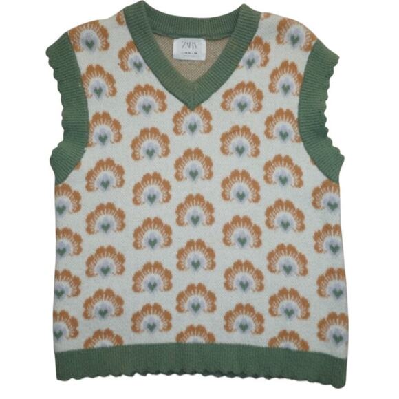 ZARA Kids Retro Floral Knit Sweater Vest Size 13-14 (164 cm) Green Orange Y2K - Picture 1 of 3